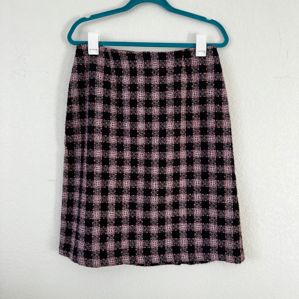 Hilliard Hanson Women Plaid Tweed Knee Length Skirt Black Pink Size 12